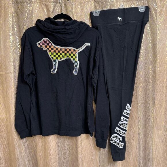PINK Victorias Secret Checkered Sequin Bling Logo Dog Set Top Leggings S/M - Picture 1 of 8